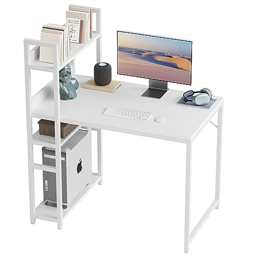 CubiCubi Schreibtisch, 100 x 50cm Groß Computertisch mit Regal rechts oder Links, Pc Gaming Tisch, Bürotisch fürs Büro Wohnzimmer, Stabil Stahlgestell schreibtische, Weiß/Weiß von CubiCubi
