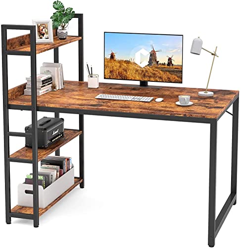 CubiCubi Schreibtisch, 120 x 60cm Groß Computertisch mit Regal rechts oder Links, Pc Gaming Tisch, Bürotisch fürs Büro Wohnzimmer, Stabil Stahlgestell schreibtische, Braun von CubiCubi