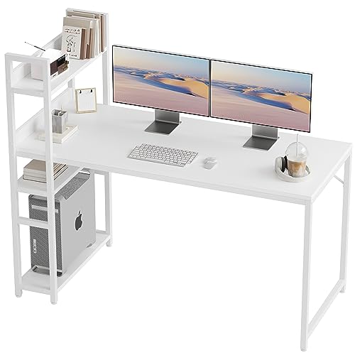 CubiCubi Schreibtisch, 120 x 60cm Groß Computertisch mit Regal rechts oder Links, Pc Gaming Tisch, Bürotisch fürs Büro Wohnzimmer, Stabil Stahlgestell schreibtische, Weiß von CubiCubi