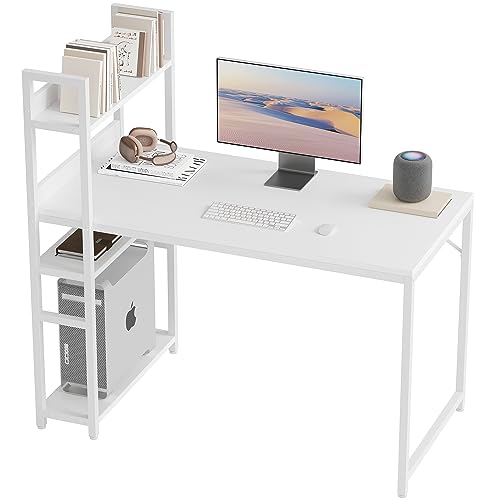 CubiCubi Schreibtisch, 120 x 60cm Groß Computertisch mit Regal rechts oder Links, Pc Gaming Tisch, Bürotisch fürs Büro Wohnzimmer, Stabil Stahlgestell schreibtische, Weiß von CubiCubi
