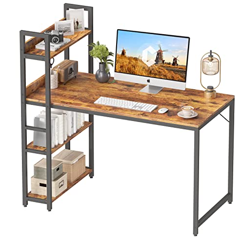 CubiCubi Schreibtisch, 140 x 60 cm Groß Computertisch mit Regal rechts oder Links, Pc Gaming Tisch, Bürotisch fürs Büro Wohnzimmer, Stabil Stahlgestell schreibtische, Braun von CubiCubi
