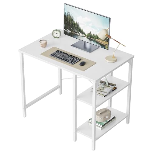CubiCubi Schreibtisch, Computertisch mit 2 Ablagen auf der rechten oder linken Seite, 90 x 48 cm PC Tisch, Bürotisch fürs Büro Wohnzimmer, Stabil Stahlgestell Industrie-Design, Weiß von CubiCubi