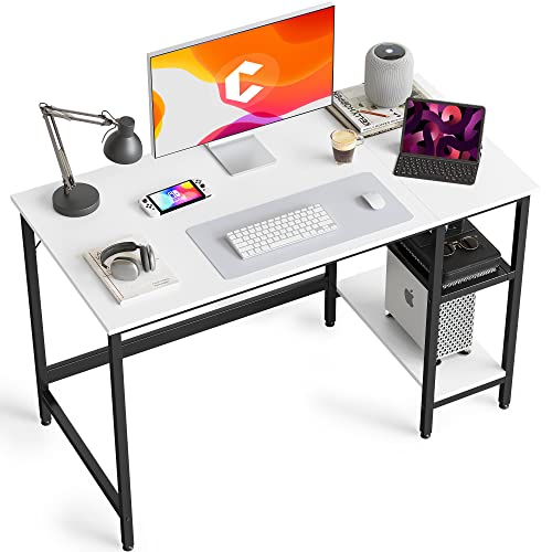 CubiCubi Schreibtisch, Computertisch mit Regal rechts oder Links, 120 x 60 cm klein Pc Tisch, Bürotisch fürs Büro Wohnzimmer, Industrie-Design, Stabil Stahlgestell schreibtische, Weiß/schwarz von CubiCubi