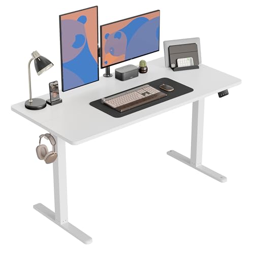 CubiCubi Schreibtisch Höhenverstellbar Elektrisch, 152 x 60 cm Stehpult T-Beine aus Stahl mit Funktions-Memory-Steuerung, Anti-kollisions System, Weiß Rahmen/Weiß Tischplatte von CubiCubi