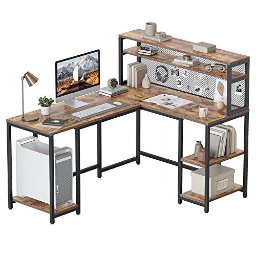 CubiCubi Schreibtisch L Form 150x120cm, Eckschreibtisch mit Regal und Drahtgeflecht, Computertisch für Homeoffice und Gaming, Vintagebraun von CubiCubi