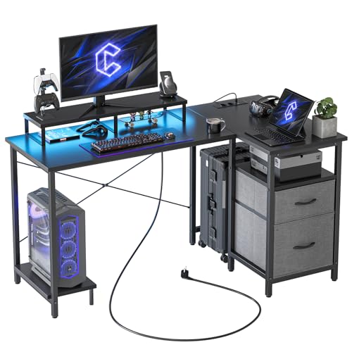 CubiCubi Schreibtisch Schwarz 140 – Eckschreibtisch mit Regal, Computertisch mit Schubladen & Steckdose, Gaming Tisch für kleines Home Office von CubiCubi