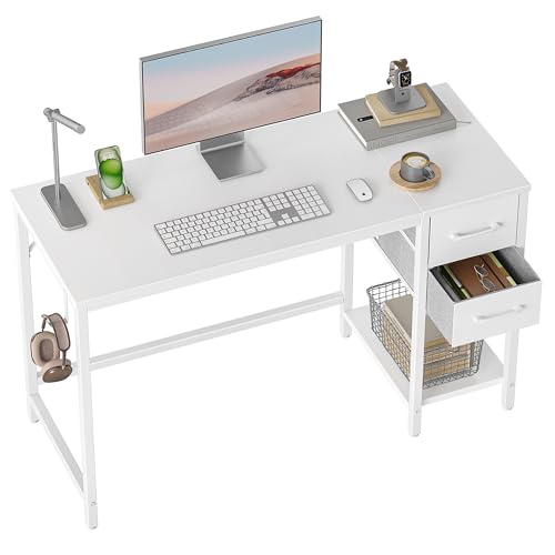CubiCubi Schreibtisch mit 2 Schubladen und Kopfhörerhaken, 120×50×75cm Kleiner Computertisch, Bürotisch, für Arbeitszimmer, Schlafzimmer, Metallgestell, Weiß von CubiCubi