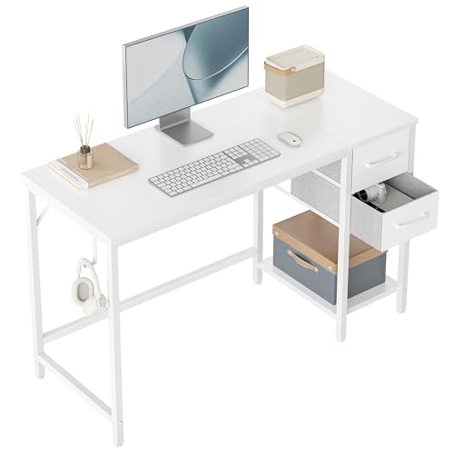 CubiCubi Schreibtisch mit 2 Schubladen und Kopfhörerhaken, 120×50×75cm Kleiner Computertisch, Bürotisch, für Arbeitszimmer, Schlafzimmer, Metallgestell, Weiß von CubiCubi
