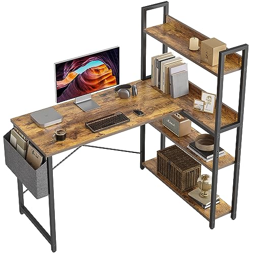 CubiCubi Schreibtisch mit Regal,Eckschreibtisch für Heimbüro,Kleiner L-förmiger Computertisch mit Ablagefächern,Bürotisch mit Aufbewahrungstasche, 120cm Braun. von CubiCubi