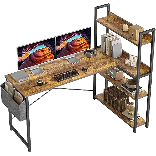 CubiCubi Schreibtisch mit Regal,Eckschreibtisch für Heimbüro,Kleiner L-förmiger Computertisch mit Ablagefächern,Bürotisch mit Aufbewahrungstasche, 140cm Braun. von CubiCubi