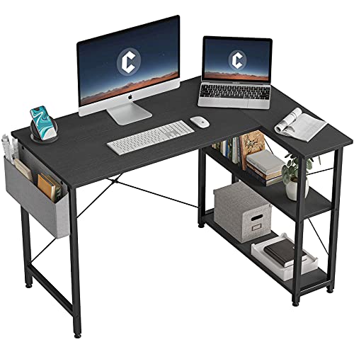 CubiCubi Umkehrbarer Computertisch Gaming Tisch,Schreibtisch mit Regalen, 100cm Kleiner L-förmiger Eckschreibtisch mit Ablagefächern, Schreibtisch für Heimbüro Kleiner Raum, schwarz von CubiCubi