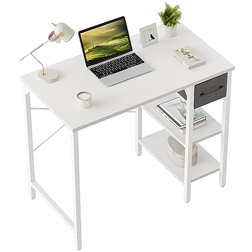 CubiCubi Schreibtisch mit Schubladen und 2 Regale, 90×48×75cm Kleiner Computertisch, Bürotisch, für Arbeitszimmer, Schlafzimmer, Metallgestell, Weiß von CubiCubi