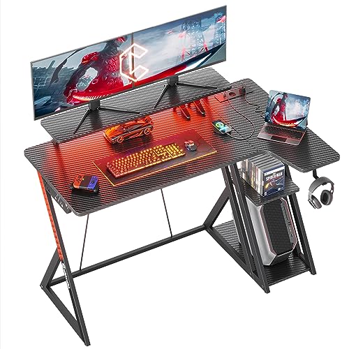 CubiCubi gaming Computertisch mit LED-Leuchten, mit Ablagefächern, 100 cm Kleiner L-förmiger Eckschreibtisch mit Regalen, Umkehrbarer Computertisch Schreibtisch mit Bücherregal, Schwarz von CubiCubi