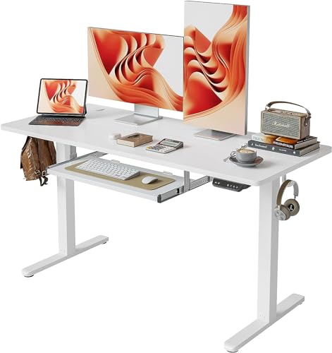 Cubiker Elektrischer Stehschreibtisch mit Tastaturablage, 140 x 60 cm Stehtisch, Stehpult T-Beine aus Stahl mit 3-Funktions-Memory-Steuerung, Anti-kollisions System, Rollen, Weiß von Cubiker