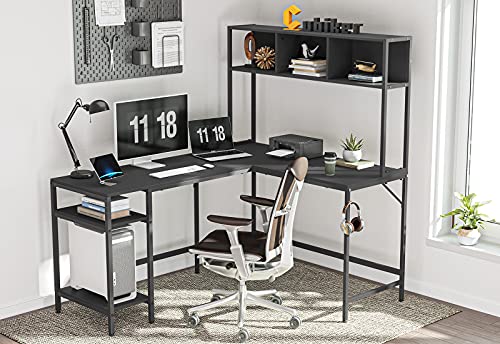 Cubiker L-förmiger Schreibtisch mit Stall, 150 cm Eck-Computertisch, Home-Office, Gaming-Tisch mit Regalen, platzsparend, Schwarz von Cubiker