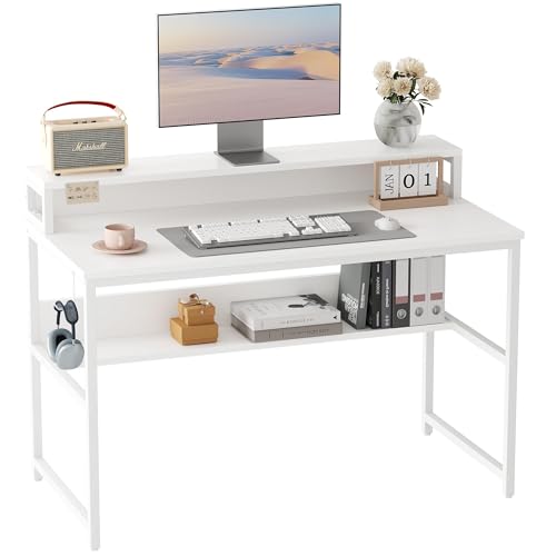 Cubiker Schreibtisch, Computertisch mit Ablageregal und Bücherregal, 120 x 60 x 88 cm klein Pc Gaming Tisch, Bürotisch fürs Büro Wohnzimmer, Industrie-Design, Stabil Stahlgestell, Weiß von Cubiker