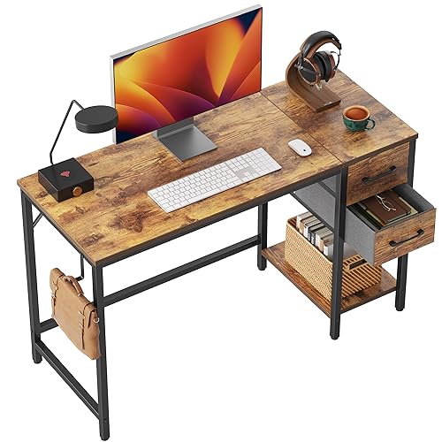 Cubiker Schreibtisch, Computertisch mit Regal und 2 schubladen, 120 x 60 cm klein Pc Gaming Tisch, Bürotisch fürs Büro Wohnzimmer, Industrie-Design, Stabil Stahlgestell schreibtische, Rustikal Braun von Cubiker