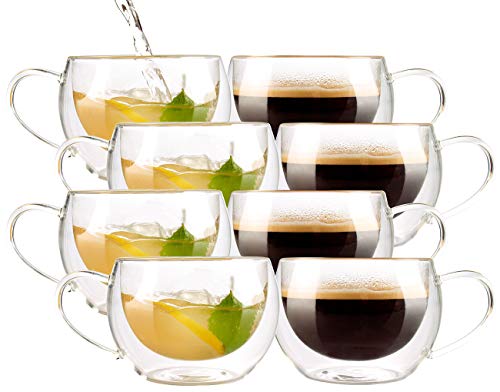 Cucina di Modena Doppelglas-Tassen: Doppelwandiges Kaffee- & Tee-Glas, 8er-Set (Doppelwandige Tassen mit Henkel, Kaffeetasse Gläser, Doppelgläser) von Cucina di Modena