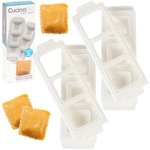 Jumbo-Quadratischer Ravioli-Maker – 2er-Pack Form macht 6 XL Pierogis Knödel, Topfaufkleber oder Gebäck – Raviolis sind extra groß 6.4x6.4 cm, tragbares Set, einfach zu bedienendes Nudel-Set von CucinaPro