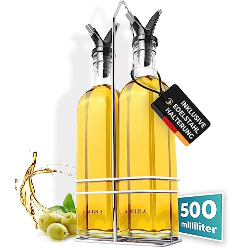 Cucino Essig und Ölflaschen Set mit praktischer Halterung - Ölflaschen zum Befüllen mit Essig und Olivenöl, Ölflasche aus Glas mit praktischem Doppel-Ausgießer | 2x 500ml von Cucino