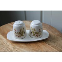 Paar Vintage Salz- Und Pfefferstreuer Auf Tablett - Mid Century Creme Mit Floralem Design von CuckooCave