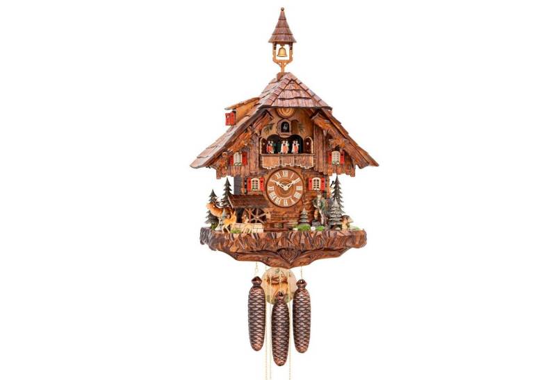 Cuco Clock Pendelwanduhr Kuckucksuhr Schwarzwalduhr "Waldleben mit Jäger" Wanduhr aus Holz (30 x 45 x 68cm, 8 - Tage Werk, automatische Nachtabschaltung) von Cuco Clock