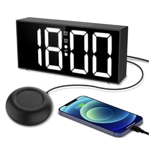 Cuifati Extra Lauter Vibrierender Wecker, 7,4 -Zoll -LED -Display mit Großem Spiegel, Doppelalarme Digitale Uhr mit Bettschüttler für Tiefe Schläfer Erwachsene Hörgeschädigte Gehörlosen von Cuifati