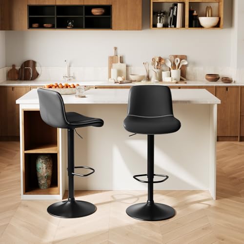 CuisinSmart Verstellbare Barhocker Drehbar 2er Set, Moderne Polsterbar Stühle mit Fußstütze, Rückenlehne, Thekenhöhe Barhocker, für Kücheninsel, Bar, Schwarz von CuisinSmart