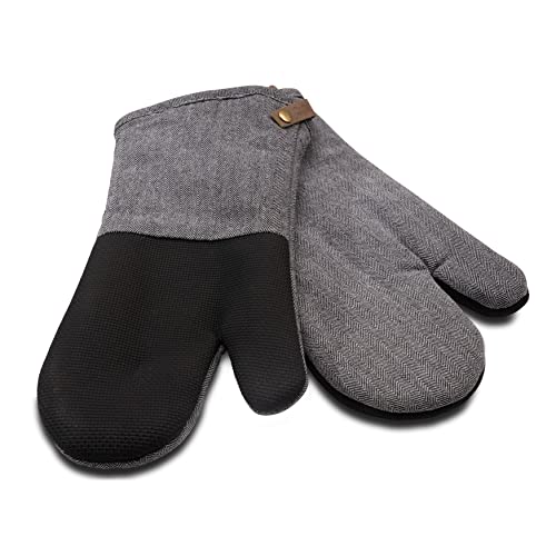 Cuisinart Ofenhandschuhe aus Neopren, Grau, 2er-Set, Ofenhandschuhe mit anthrazitfarbener Fischgrätenmanschette, Kunstleder-Aufhängeschlaufe, Neopren, rutschfest, hitzebeständige Ofenhandschuhe von Cuisinart