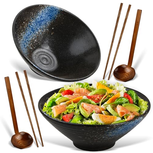 Culinavog 2 Sets Ramen Schüssel Keramik Set, 2×1000ml Ramen Bowl mit Essstäbchen und Löffel, Japanische Suppenschüssel, Salatschale für Nudeln, Getreide, Salate und Müsli von Culinavog