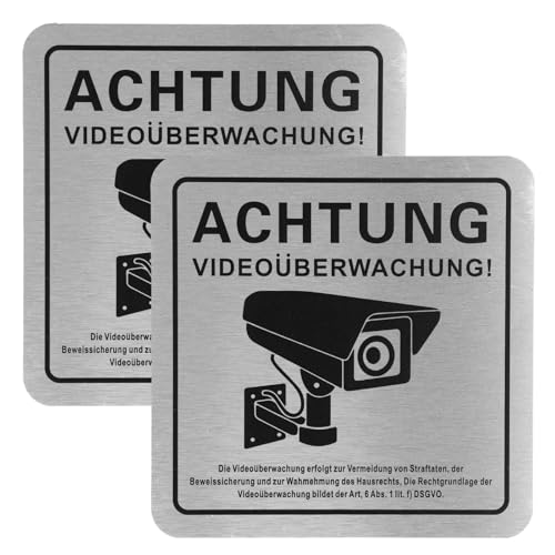 Culinavog 2 Stück Schild Videoüberwachung Privatgrundstück, 15x15cm Aluminium Schilder mit Selbstklebend, Kameraüberwachung Warnschild, Metallschild Eingriff vor Ort 24H Innen und Außen von Culinavog