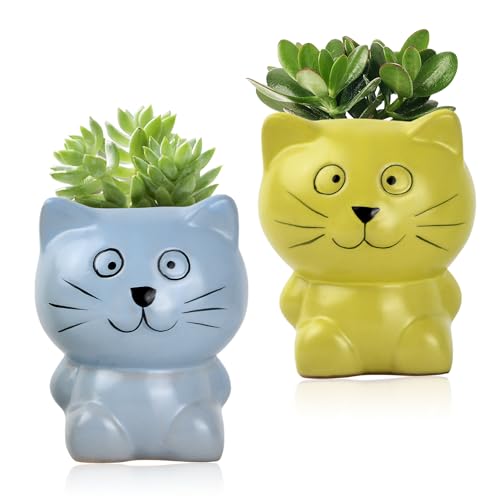 Culinavog Mini 2er-Set Blumentopf, Klein Katzen Cartoon Pflanztopf, Sukkulenten Topf Niedlich, Keramik, Gelb und Blau, für Schreibtisch und Ensterbank von Culinavog