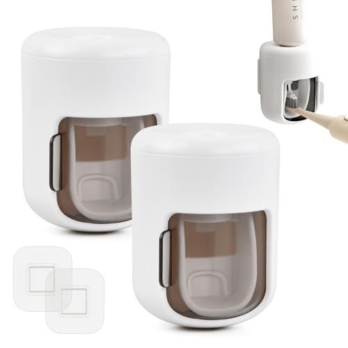 Culinavog Zahnpastaspender, 2 Stück Zahnbürsten Halter mit Abdeckung, Selbstklebender Zahnbürsten-Organizer für Badezimmer, Automatischer Zahnpasta Halterung für Kinder, Erwachsene (Grau, Weiß) von Culinavog