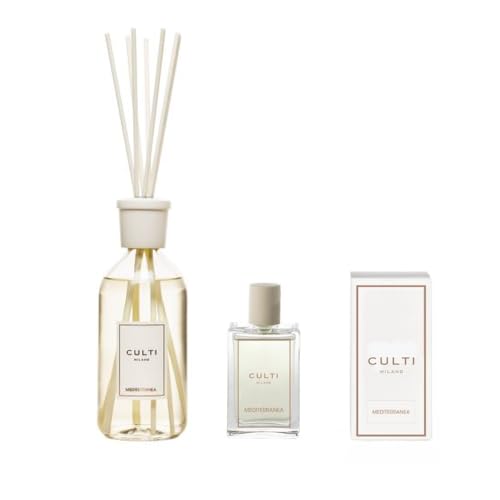 Culti Raumduft Set Milano White Label Duftstäbchen aus Markenstäbchen + Spray 100 ml - konstante und sofortige Diffusion - elegantes Design für Zuhause und Büro (Mediterraner Diffusor + Spray, 500) von Culti
