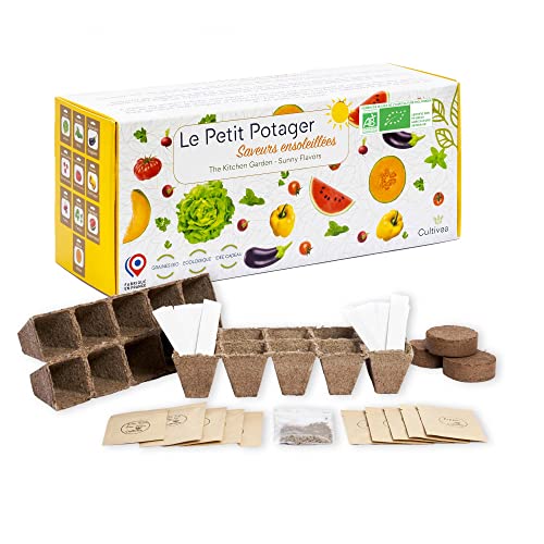 CULTIVEA® Der kleine Küchengarten - Set mit den 10 sonnigen Samen - Pflanzen Töpfe - Biologisches Saatgut - Garten und Ernährung - Geschenkidee (Kräuter, Tomaten, Gemüse, Salate, Wassermelone, Melone) von Cultivea