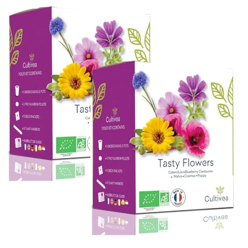 CULTIVEA 2 x Mini-Set, gebrauchsfertig, essbare Blumen – französische Samen, 100 % ökologisch und biologisch – Gärtnern und genießen – Geschenkidee (Ringelblume, Kornblume, Malva, Kosmos, Mohnblume) von Cultivea