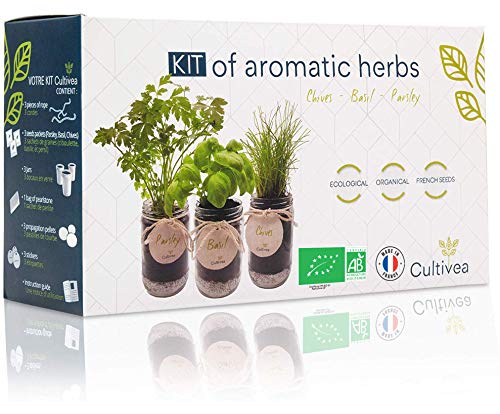 Cultivea® –Bio Kräuter Anzuchtset -100% Öko Kräutersamen – Indoor Garten – Samen aus Frankreich – Das perfeckte Geschenkset – Pflanzset (Basilikum, Schnittlauch, Petersilie) – DIY – von Cultivea