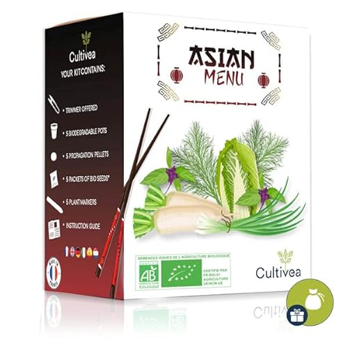 CULTIVEA® - Asian Menu - Grow your own - 100% Bio Samen - Gemüse Anzuchtset Set - Geschenkidee (Daikon-Rettich, Chinesischer Kopfsalat pe tsaï, Chinesischer Schnittlauch, Dill, Thai-Basilikum) von Cultivea