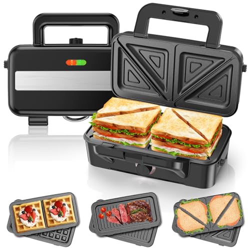 Sandwichmaker 3 IN 1, 1200W & 5-Gang-Temperaturregelung Waffeleisen, Sandwichtoaster, Kontaktgrill mit 3 Antihaftplatten für Sandwich, Waffeln, Fleisch, LED-Leuchten, Cool-Touch-Griff von Cumeod