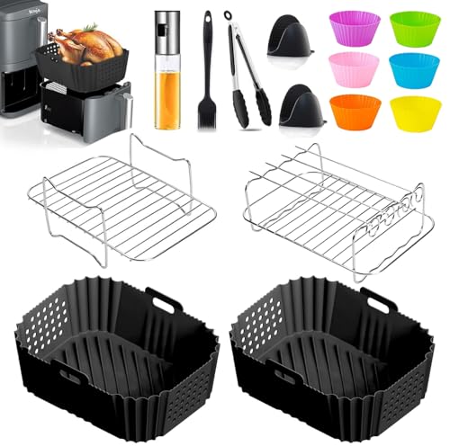 AirFryer Zubehör Mit Ninja Double Stack XL 9,5L SL400EU,Silikon Backformen Heißluftfritteuse Zubehör für Ninja Foodi Dual Zone AF300EU 7,6L,AF400EU AF451EU 9,5L,cookwise Dual Zone XL 9L (15-teiliges) von Cunbayi