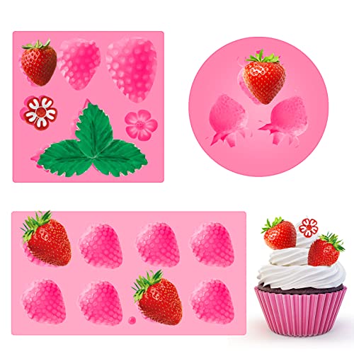 3 Stück 3D Erdbeere und Blumen Silikonform Erdbeere Backform Obst Fondant Form Handgemachte Süßigkeiten Gelee Backformen zum Backen Schokolade Pfanne Kuchen Kind Cupcake Seife Kerze Ton Harz Wachs von Cunhill