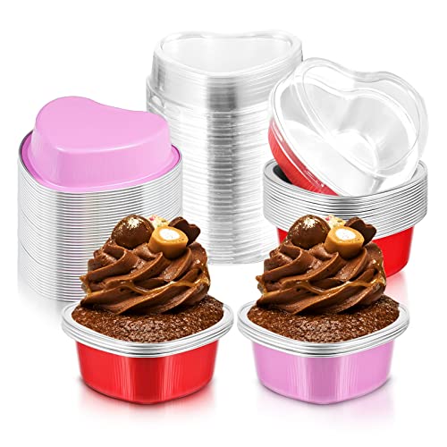 Herzförmige Kuchenformen mit Deckel, 100 ml, Aluminiumfolie, Mini-Einweg-Herz-Cupcake-Pfannen für Valentinstag, Hochzeit, Partys (Rot, Rosa, 30) von Cunhill