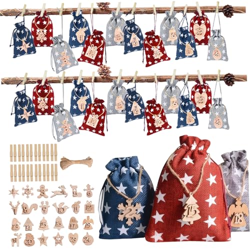 Adventskalendertaschen 24 Tage Sternmuster leerer Adventskalender mit Holznummer, Kordelstring -Verschluss 3 Farbe, Taschen mit Zahlen von Cunlvyyds