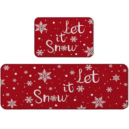 Cunlvyyds Weihnachtskitchenteppichset 2 Lassen Sie es Schnee Weihnachtsküchenmatte, 16x24 ＆ 16x47 Nicht-Schlupf-Türmat, niedrig profilierter Polyesterteppich für Badezimmer, Matte von Cunlvyyds