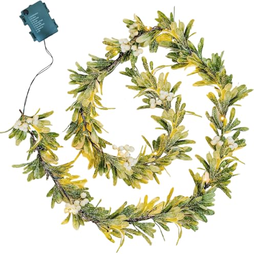 Mistel Girlande 71 Künstliche Weihnachtsgirlande Mistelreben mit Lichtern Dekoratives Grün mit weißen Beeren für Weihnachtstüren Mantel, Keine Batterie von Cunlvyyds