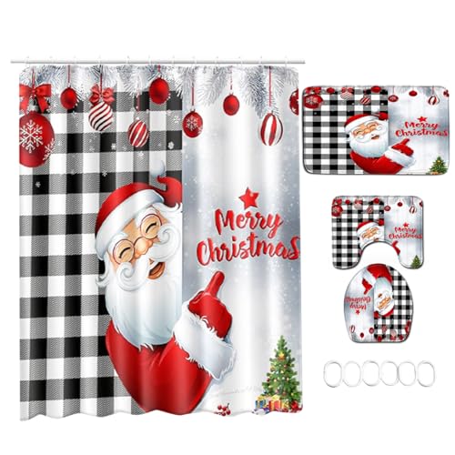 Weihnachtsduschenvorhang Sets 4pcs Badematte Set mit Duschvorhang Toilettendeckel Teppich Konturmatte und Bad für Weihnacht Badezimmerdekor, Badezimmersets von Cunlvyyds