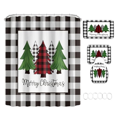 Weihnachtsduschvorhang Sets 4pcs Badematte Set mit Duschvorhang Toilettendeckel Teppichkontur Matte und Bad für Weihnachtsbaddekor Style1, Badezimmersets, Badezimmer Sets von Cunlvyyds