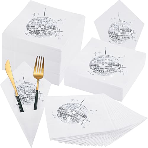 Disco Party Cocktail Servietten Stilvolle Einweg 70er 80er 90er Party Supplies Cocktail Servietten Party Servietten Papierservietten für Verlobung Geburtstag Abschluss Babyparty Zubehör (Silber, 80 von Cunno