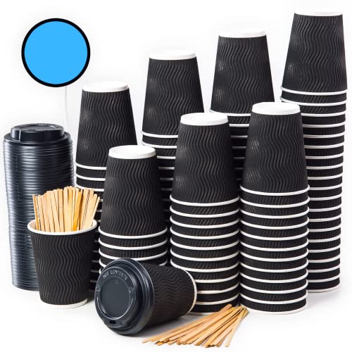 100 Schwarz Gewellt Pappebecher Coffee To Go 360 ml 12 Oz mit Deckel und Holz Rührstäbchen Zum Servieren von Kaffee, Tee, heißen und kalten Getränken von CupCup