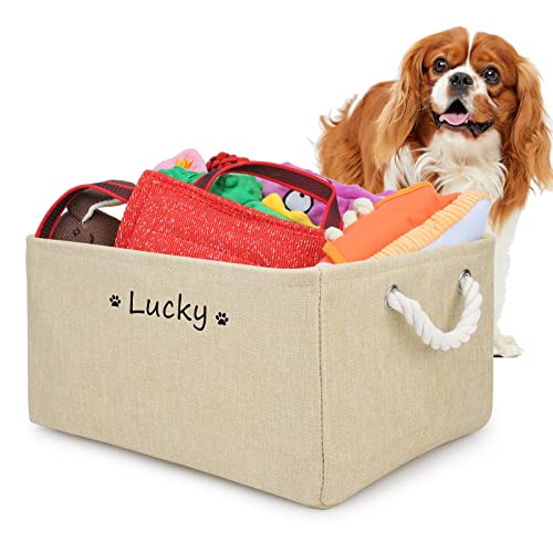 Cuperay Personalisierte Hundespielzeug Aufbewahrung mit Namen, Faltbare Spielzeugkorb mit Baumwollgriff, Spielzeugkiste für Die Organisation Von Haustier Spielzeug und Haustierzubehör(Beige) von Cuperay